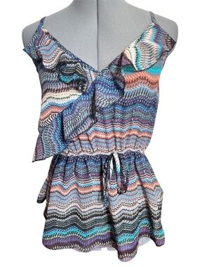 Cotton Express Y2K Ruffle Tie-Waist Cami Top Multicolor Tribal Print Abstract